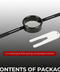 Motorcycle Fork Service Tool Kit with Spring Compressor and Oil Level Gauge, black metal compressor and white gauge.