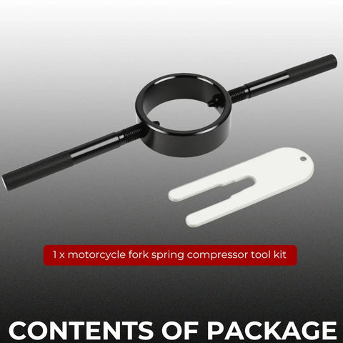 Motorcycle Fork Service Tool Kit with Spring Compressor and Oil Level Gauge, black metal compressor and white gauge.