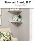 Living room with Sturdy Floating Corner Wall Shelf In White With Hidden Metal Bracket For Heavy Duty Wall Mount Storage