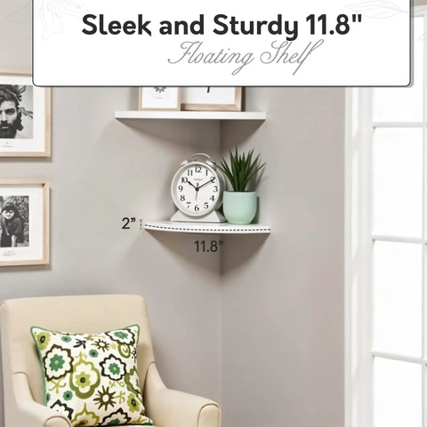 Living room with Sturdy Floating Corner Wall Shelf In White With Hidden Metal Bracket For Heavy Duty Wall Mount Storage