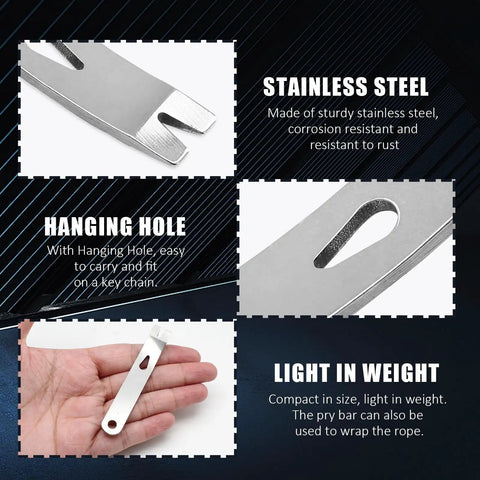 Four Pack Handy Compact Mini Pry Bar Set For Everyday Carry showing stainless steel material and hanging hole design.
