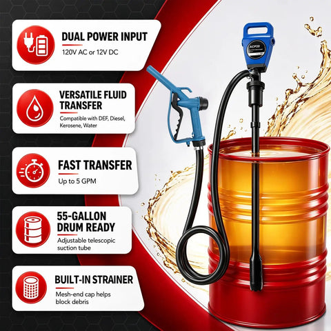 Nakkaa Versatile Electric Barrel Pump For 55 Gallon Drums With Dual 120V Ac And 12V Dc Power Options Perfect For Moving Def Diesel Water Kerosene And Other Fluids Efficiently In Garage Or Shop Settings