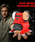 The No Fuss Cordless Mini Bench Grinder Polisher With Dual Grinding Wheels Rocking At 5500 Rpm, compact size held in hand.