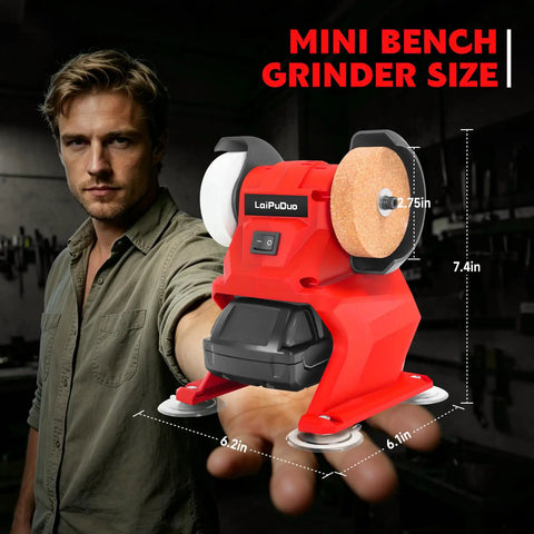 The No Fuss Cordless Mini Bench Grinder Polisher With Dual Grinding Wheels Rocking At 5500 Rpm, compact size held in hand.