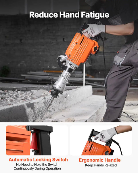 Person using Beast 2200W Electric Demolition Jack Hammer Kit With 1400 BPM Concrete Breaker, showing ergonomic handle and switch.