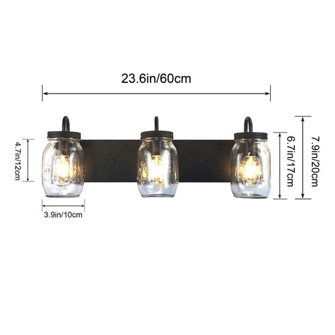 Mason Jar Vanity Glass Wall Lights Black Wall Sconce For Bathroom Farmhouse Decor, Modern Rectangular Backplate Mount, Lit Ambient Glow For Living Room Bedroom Kitchen Powder Room And Hallway