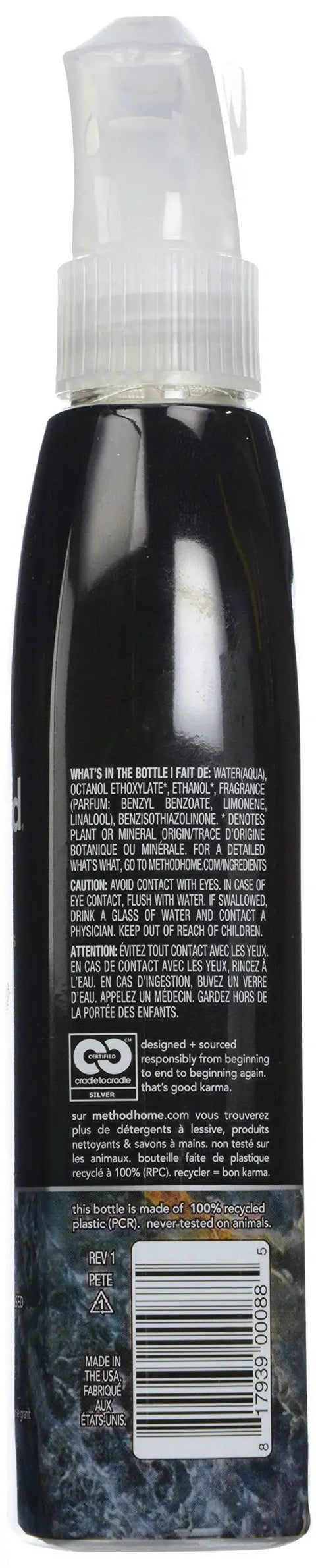 Back view of Daily Granite Cleaner Apple Orchard Scent 12 Oz For Countertops And Stone Surfaces Non Toxic Naturally Derived Biodegradable Formula Powergreen Technology Cuts Grease And Grime 100 Percent Recycled Bottles Cruelty Free Fresh Scent bottle with label details visible.
