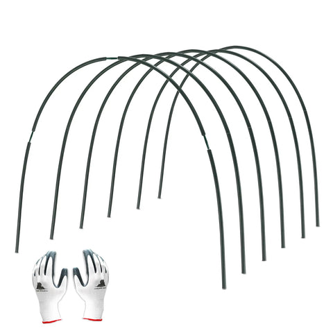 Garden Hoops for Raised Beds and Greenhouses, 24 Pack DIY Kit with 17 Inch Polypropylene Hoops shown with gardening gloves.