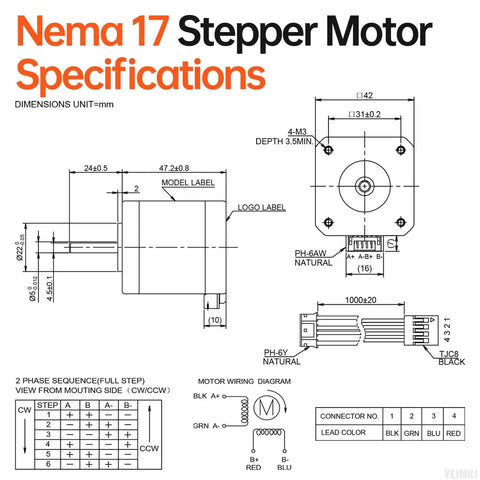 Technical drawing showing dimensions and specifications of 10 Pack Nema 17 Stepper Motors 2 Phase 1.8 Degree High Torque Bipolar Kit.