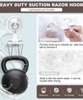 Clear Suction Cup Razor Holder 2-Pack For Shower, heavy duty hooks, showing removable and reusable features, waterproof icon