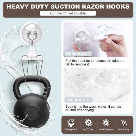Clear Suction Cup Razor Holder 2-Pack For Shower, heavy duty hooks, showing removable and reusable features, waterproof icon