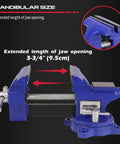 Heavy Duty Four And A Half Inch Tough As Nails Bench Vise With Multi Jaw Design shown with 3-3/4in jaw opening for woodworking and metalworking.