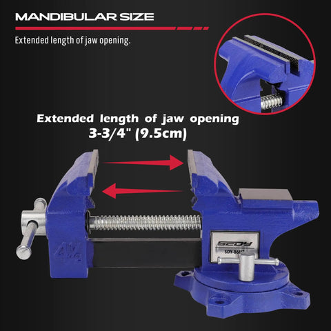 Heavy Duty Four And A Half Inch Tough As Nails Bench Vise With Multi Jaw Design shown with 3-3/4in jaw opening for woodworking and metalworking.