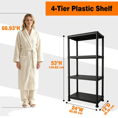 No Drama Four Tier Plastic Shelving Unit For Tight Layouts, 53 Inch Tall showing dimensions with a model for scale.