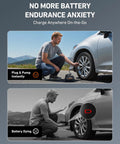 Man using Tire Inflator Portable Air Compressor For Cars Fast Inflation Electric Air Pump with auto shut off by vehicle tire.
