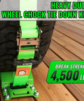 Heavy Duty Wheel Chock Tie Down Straps Kit for Trailers and UTVs, E-Track Ready, securing a tire with 4500 lb break strength