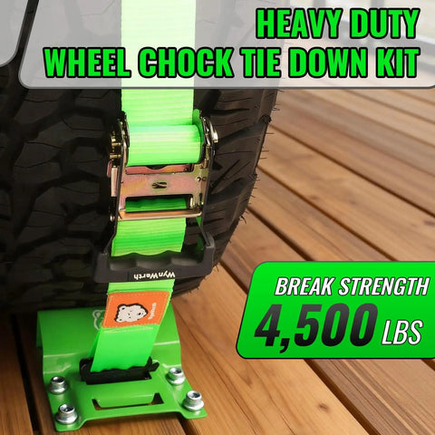 Heavy Duty Wheel Chock Tie Down Straps Kit for Trailers and UTVs, E-Track Ready, securing a tire with 4500 lb break strength