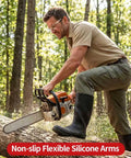 Heavy Duty Safety Glasses Bulk Pack Of One Hundred With Ansi Z87 Certification And Scratch Resistant Polycarbonate Lenses worn during chainsaw use.