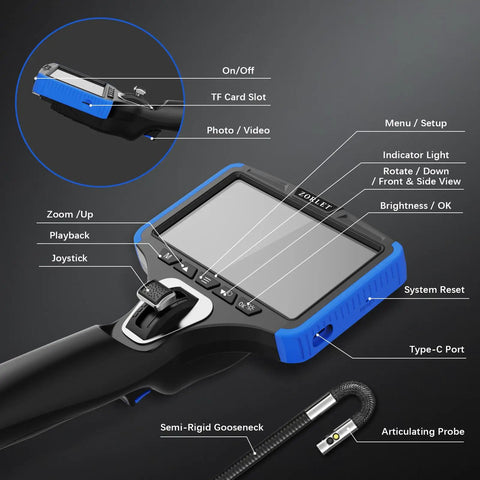 Dual Lens Two Way Articulating Borescope Camera With Light 5 Inch Endoscope Inspection Camera Slim 0.25 Inch Probe Waterproof 5 Foot Snake Camera For Automotive Mechanics And Engine Inspections with screen and controls