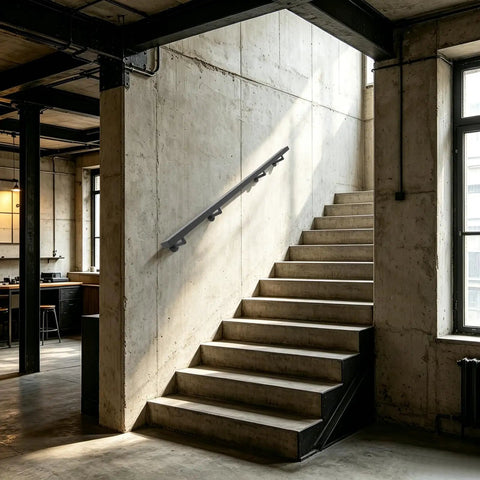 Heavy Duty Flush Wall Mount Stair Railing In Corrosion Resistant Stainless Steel With Matte Black Finish Six Foot Length mounted on indoor concrete stairs.