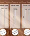 Piercing Taper Ball Grabber Tool For Easy Jewelry Change And Flat Back Earrings Insertion, Perfect For Quick Swap With 14G 16G 18G And 20G Nose Ear Navel Lip Eyebrow Piercings, Includes Threadless And Internal External Thread Inserts, showing different taper sizes with thread types.