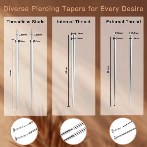 Piercing Taper Ball Grabber Tool For Easy Jewelry Change And Flat Back Earrings Insertion, Perfect For Quick Swap With 14G 16G 18G And 20G Nose Ear Navel Lip Eyebrow Piercings, Includes Threadless And Internal External Thread Inserts, showing different taper sizes with thread types.