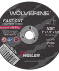 Front view of 3 Inch Fast Cut Wheel For Steel And Metal Pro Grade Open Arbor Disc With Aggressive Cutting And Grinding Power Type One Eighth Inch Arbor A36T Strength Durable Metalworking Tool For Pros Pack Of 100.