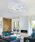 Cool 8-Ring LED Dimmable Ceiling Light With Remote, White Finish, installed in modern living room, circular metal design.
