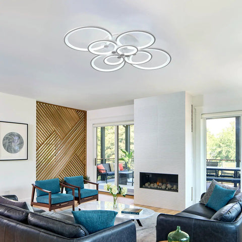 Cool 8-Ring LED Dimmable Ceiling Light With Remote, White Finish, installed in modern living room, circular metal design.