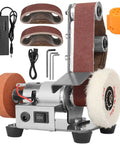 Top Tier 3 In 1 Mini Belt Sander Bench Grinder Polisher And Buffer Station featuring sanding belts, power supply and attachments.