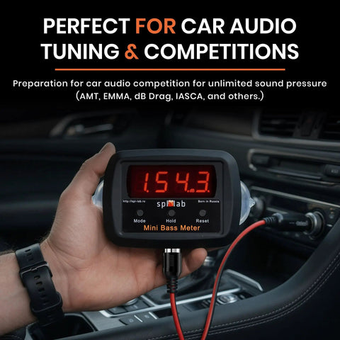 Mini Bass Meter Version 2 Compact Standalone Subwoofer Sound Pressure Meter With Voltage Measurement For Car Audio Bass Testing Tool 10 Hz To 120 Hz Range And 110 dB To 185 dB Measurement For Precise Bass Tuning On The Go, held in car