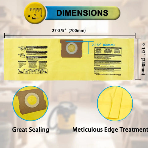 Close-up of 15 Pack Type D Replacement Vacuum Bags For 4 Gallon Shop Vac AllAround Plus E87 FloorMaster Wet Dry Vacs That Fit 91964, showcasing dimensions and features.