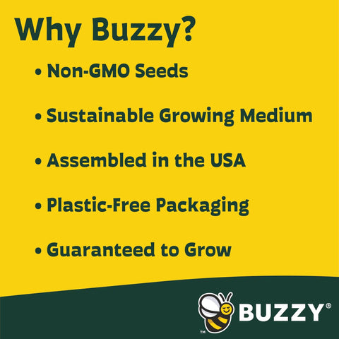 Buzzy product benefits listed on a yellow background, highlighting Non-GMO seeds, sustainable medium, USA assembly, plastic-free packaging.