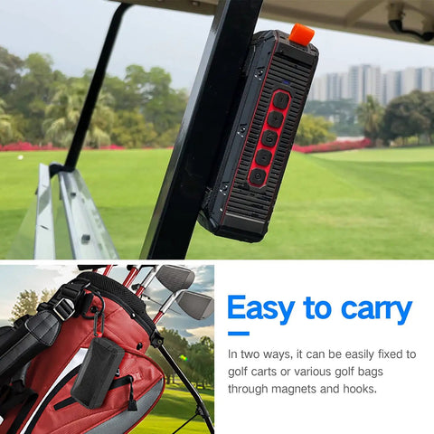 Magnetic Bluetooth Golf Speaker on cart and bag, IPX6 waterproof, shockproof, 3rd gen, TWS, SD card, long battery life.