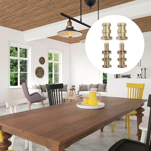 Table Leaf Dowel Pins And Connector Sleeve Set For Dining Tables, precision metal dowels and bolt sleeves displayed in a dining room.