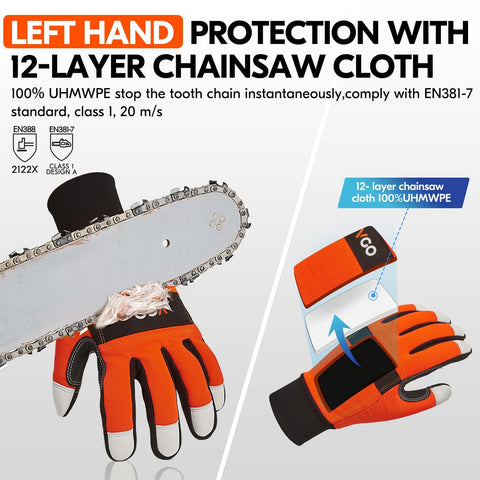 Chainsaw Safety Gloves Built For The Job With 12 Layer Protection On Left Hand Back Tough As Nails Leather Work Gloves For Logging And DIY High Visibility Orange Back PVC Palm Patches For Extra Durability Size M