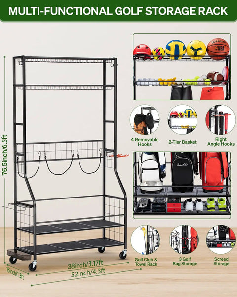 All In One Golf Bag Storage Rack With Wheels, 3 Bag Stand, 4 Hooks, Extra Golf Club Display, organized sports gear setup