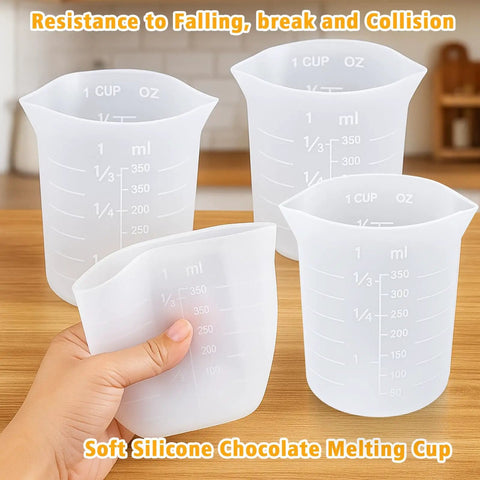 Go To Silicone Chocolate Melting Cup Set With 4 Measuring Cups 250ml and 350ml featured on a wooden table.