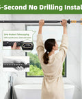 Person installing Extra Long Tension Curtain Rod 39 To 173 Inches 3.3 To 14 Feet Outdoor No Drilling For Patio Windows One Click Telescopic Rod Heavy Duty Shower Curtain Rod Room Divider Black Finish in bathroom