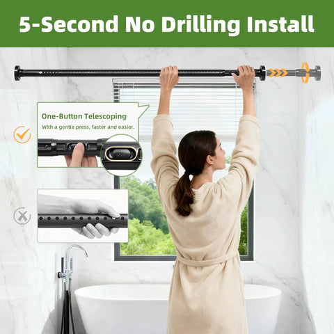 Person installing Extra Long Tension Curtain Rod 39 To 173 Inches 3.3 To 14 Feet Outdoor No Drilling For Patio Windows One Click Telescopic Rod Heavy Duty Shower Curtain Rod Room Divider Black Finish in bathroom