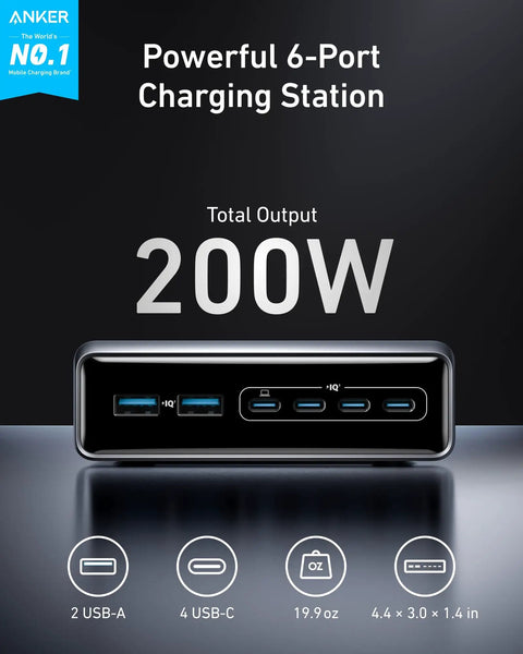 Prime 200W GaN Desktop Charger With 6-Port USB-C And USB-A displaying ports and total 200W output