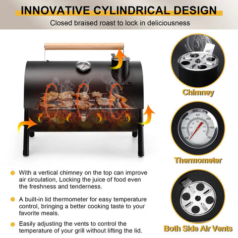 Innovative cylindrical design of portable charcoal grill set for outdoor grilling and camping with chimney and thermometer