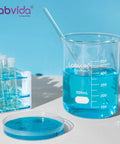 500mL glass beaker from Six Size Low Form Glass Beaker Set With Printed Graduation For Accurate Measurement, with blue liquid