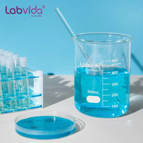 500mL glass beaker from Six Size Low Form Glass Beaker Set With Printed Graduation For Accurate Measurement, with blue liquid