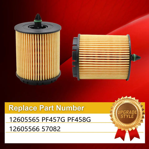 Six Pack Replacement Oil Filter Set Fits Buick Regal 2.4L 2011 2017, Chevy Cobalt 2.2L 2005 2010, GMC Terrain 2.4L 2010 2017 With PF457G PF458G 12605565 12605566 57082 displayed on red background