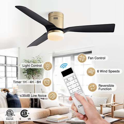 52 Inch Black Ceiling Fan With Lights And Remote, Whisper Quiet 6 Speed DC Motor, Reversible For Year Round Comfort