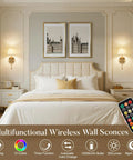 Rechargeable Battery Powered Wall Sconces Set Of Two With Dimmable Led Lights And Wireless Remote Usb C Charging Port For Living Rooms Solid No Sweat Lighting That Is Totally Tight installed in a modern bedroom.