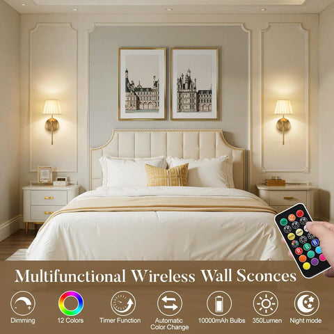 Rechargeable Battery Powered Wall Sconces Set Of Two With Dimmable Led Lights And Wireless Remote Usb C Charging Port For Living Rooms Solid No Sweat Lighting That Is Totally Tight installed in a modern bedroom.