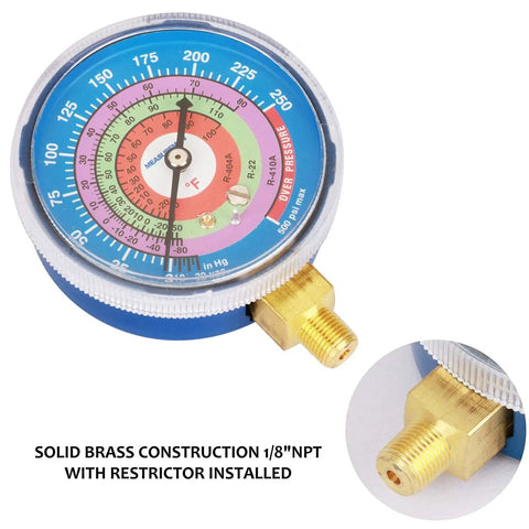 Refrigeration Pressure Gauge Kit With Dual Blue Dial And Red Dial, 2 3/4 Inch Dial, 1/8 Inch NPT Lower Mount, -30InHg To 0-250 PSI And 0-800 PSI Range, For R404A R22 R410A Servicing, For Easy Field Or Shop Use, solid brass