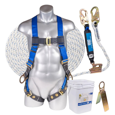 Fall Protection Roofing Bucket Kit With Full Body Harness And 50 Foot Vertical Rope And Anchor Set For Roofers And Construction Pros OSHA And ANSI Compliant shown on mannequin with rope and bucket